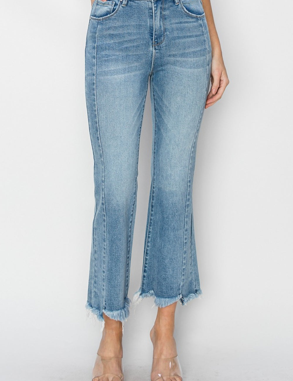 RISEN Full Size High Rise Frayed Hem Flare Jeans Light