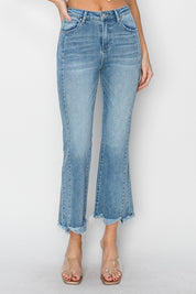 RISEN Full Size High Rise Frayed Hem Flare Jeans Light