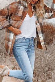 Gold Flame 100%Polyester Brown Plaid Flap Pockets Shacket | Shackets Daverri Fashions