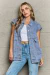 Collared Neck Sleeveless Denim Top with Pockets - DAVERRI FASHIONS