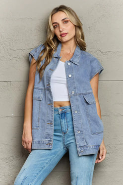 Collared Neck Sleeveless Denim Top with Pockets - DAVERRI FASHIONS