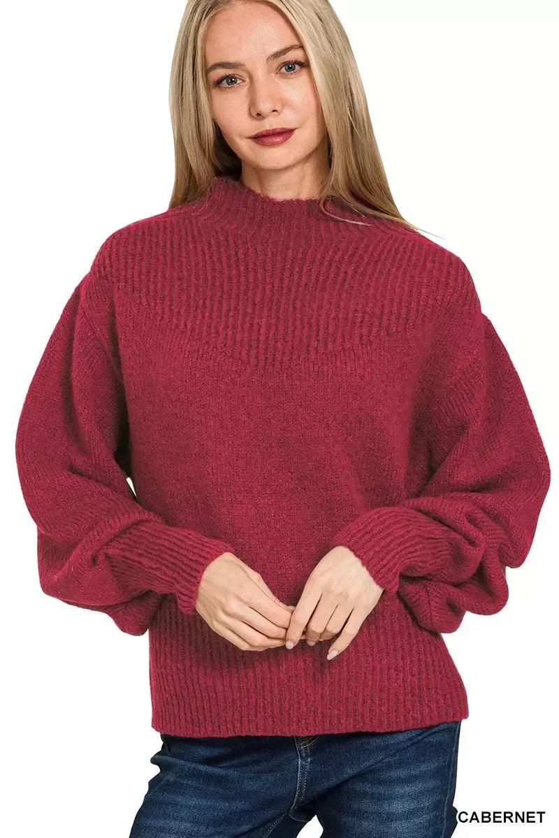 Zenana Cabernet Balloon Sleeve Mock Neck Sweater - DAVERRI FASHIONS