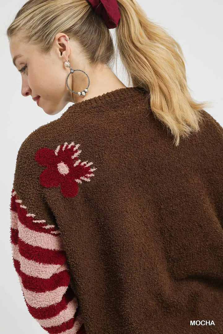 Umgee Flower Jacquard Striped Long Sleeve Sweater | Sweaters Daverri Fashions