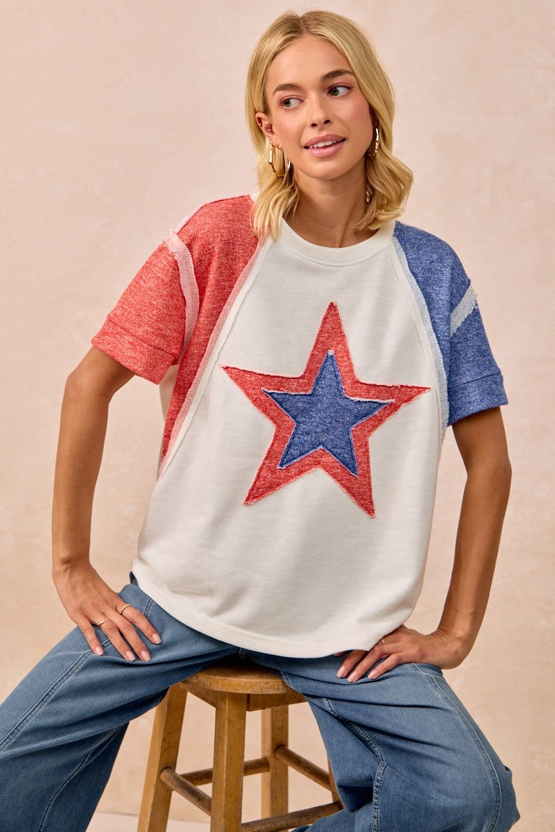 BiBi Fourth of July star raglan tee, white red blue glitter finish