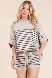 Lime 'N' Chili Striped Folded Half Sleeve Top and Shorts Set | Outfit Sets Daverri Fashions