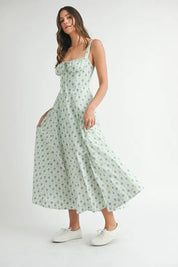 MABLE Floral Print Bustier Back Lace Up Midi Dress | Daverri Fashions