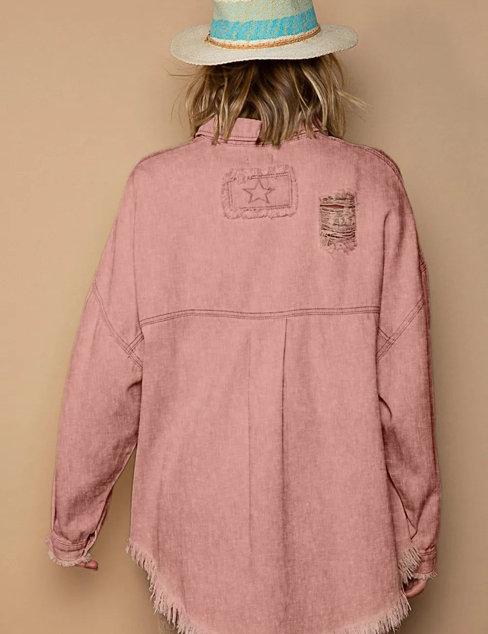POL Button Down Raw Hem Distressed Shacket | Shackets Daverri Fashions