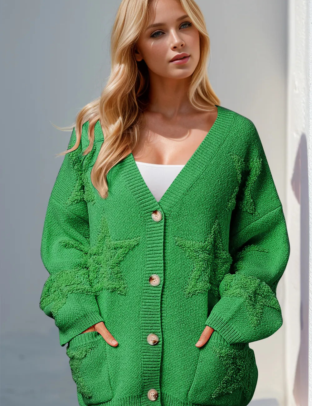 Green Double Take Full Size Button Up Star Pattern Cardigan | Cardigans Daverri Fashions