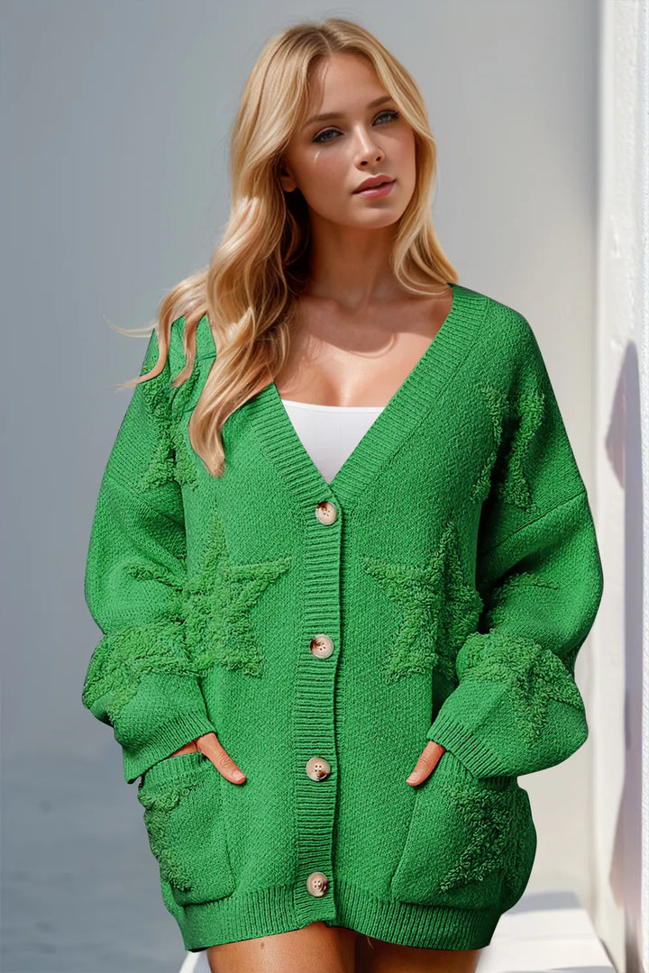 Green Double Take Full Size Button Up Star Pattern Cardigan | Cardigans Daverri Fashions