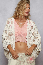 CREAM LATTE One Size POL Openwork V-Neck Chenille Cardigan with Contrast Floral | Cardigans Daverri Fashions