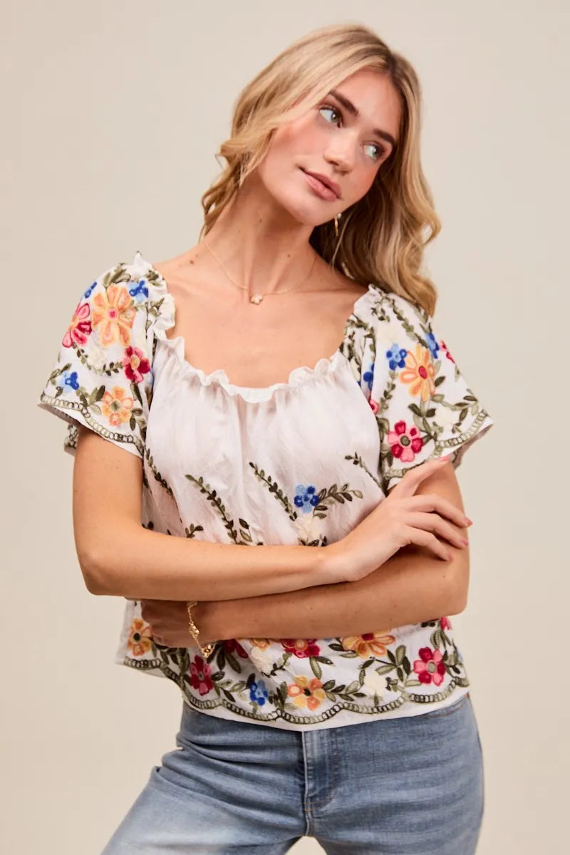 SO ME Floral Embroidered Two Way Off The Shoulder Blouse Blouses