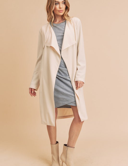 Aemi + Co Open Front Long Sleeve Longline Coat Ivory