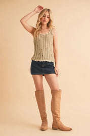 Aemi+Co Distressed Detail Round Neck Knit Tank | Daverri Fashions