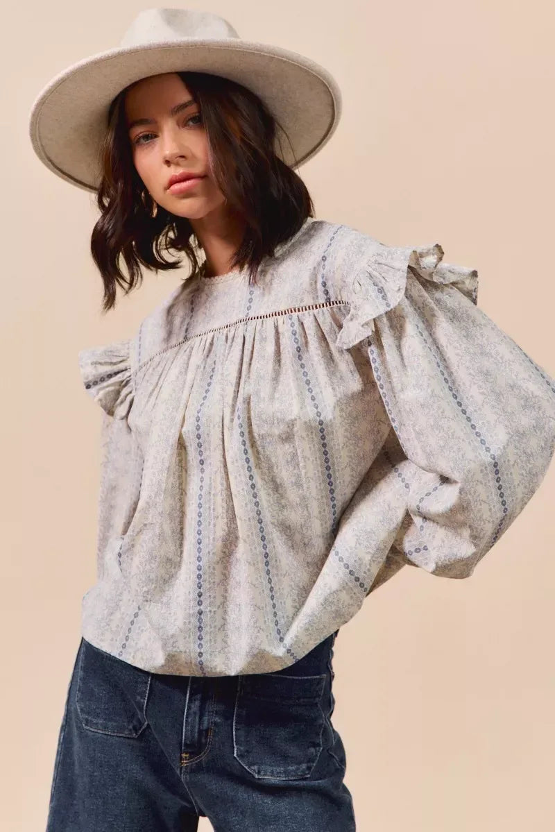 SO ME Floral Cotton Print Ruffled Long Sleeve Blouse - DAVERRI FASHIONS