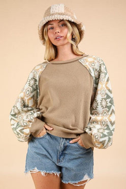 VERY J Printed Long Sleeve Round Neck Knit Top Camel - DAVERRI FASHIONS