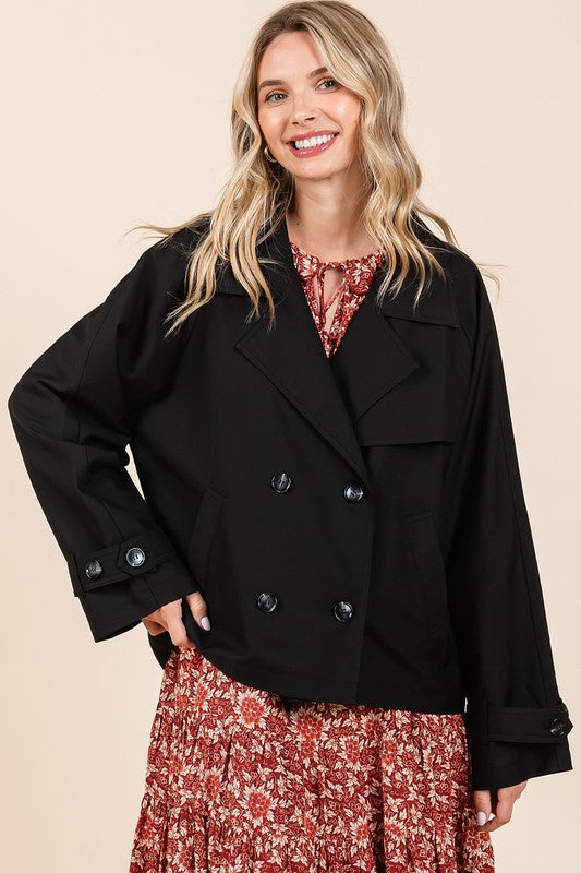 Mittoshop Double Breasted Long Sleeve Trench Coat Jacket Black Coats