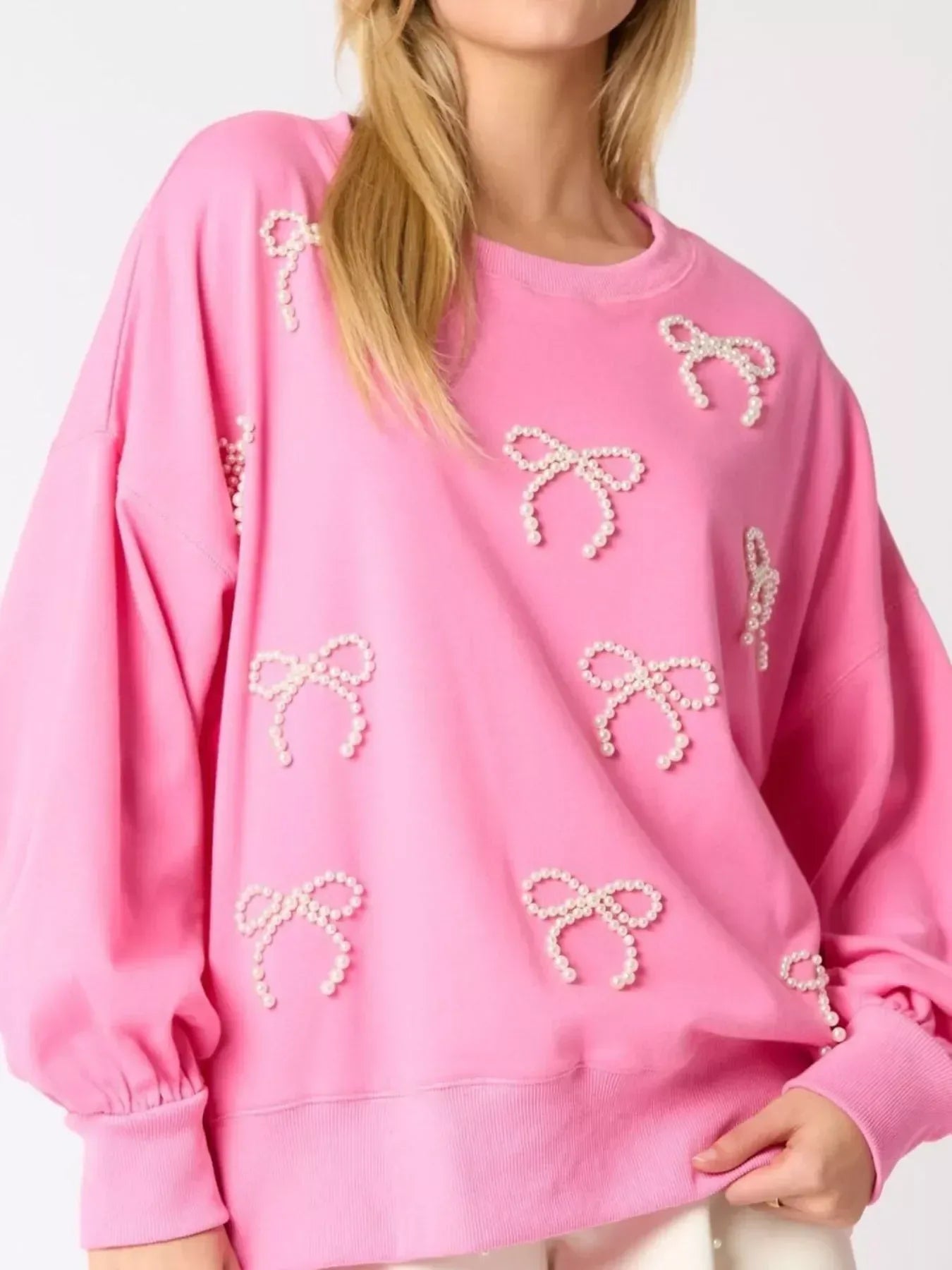 Pearl Embellished Bow Long Sleeve Sweatshirt - DAVERRI FASHIONS