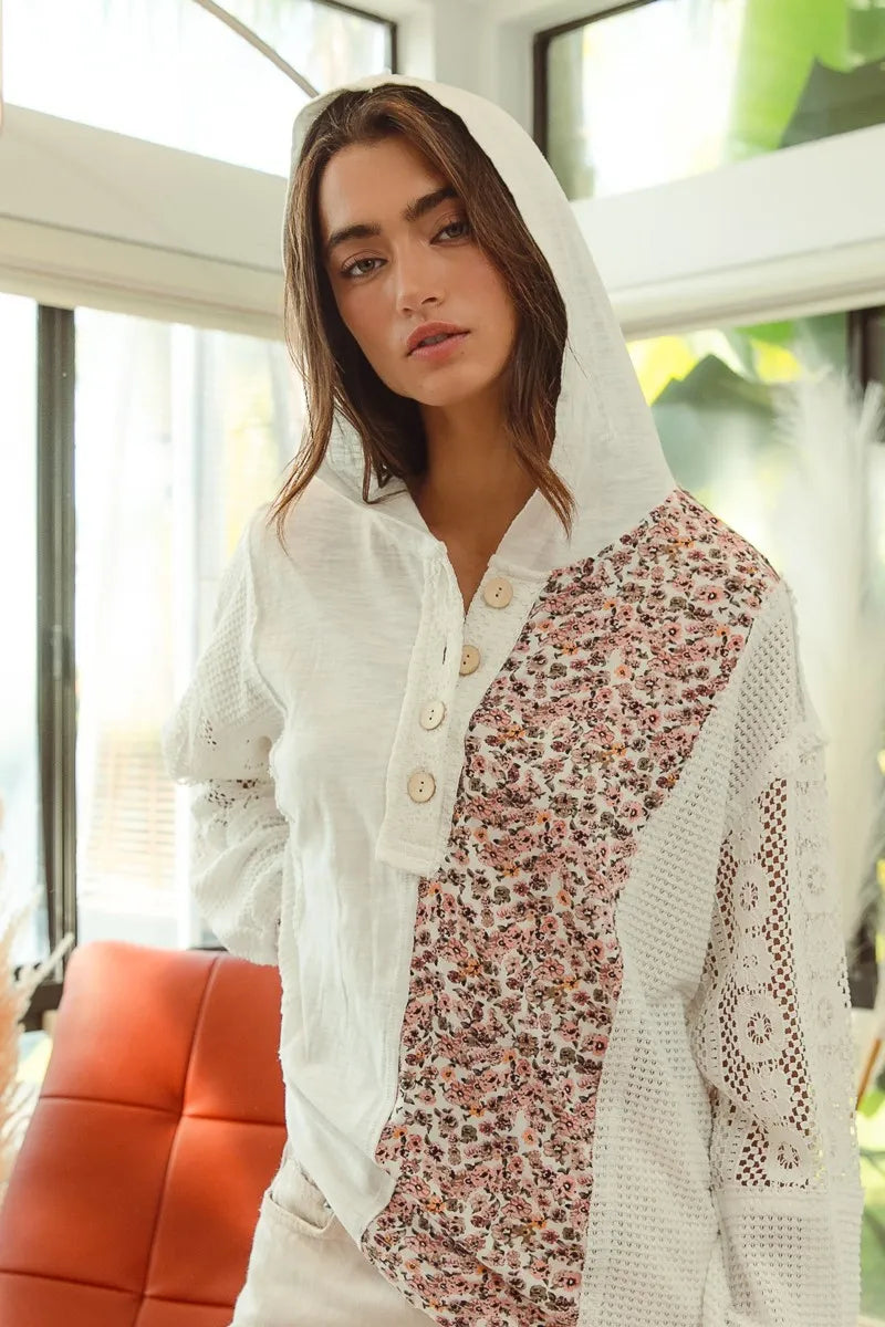 BiBi Slub Jersey with Lace Combo Buttoned Hoodie Top | Hoodies Daverri Fashions