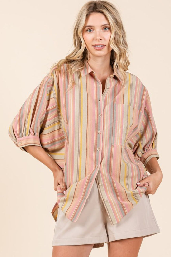 Mittoshop Striped Bubble Sleeve Button Down Shirt