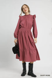 Umgee Textured Midi Dress with Ruffle Shoulder Detail | Daverri Fashions
