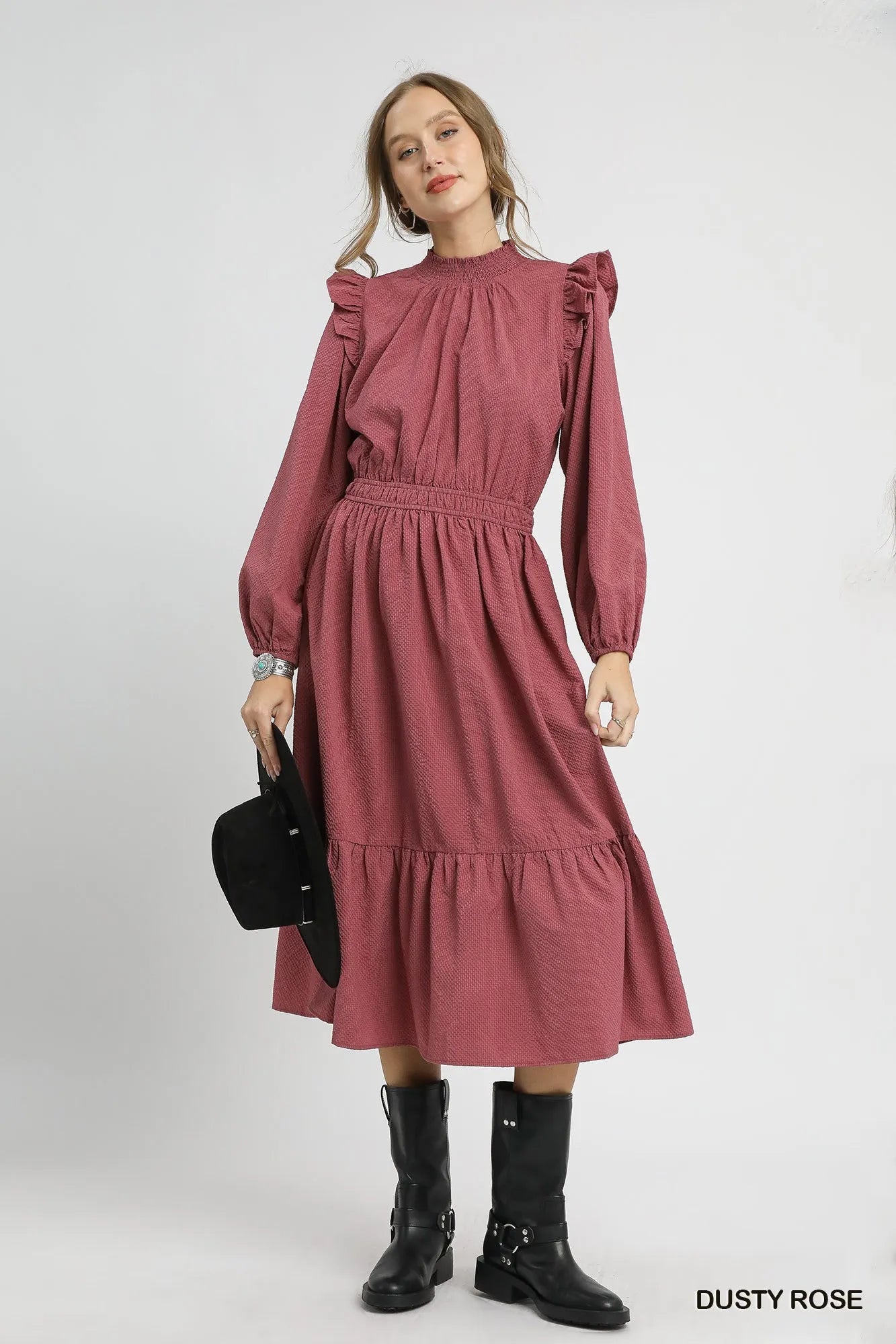 Umgee Textured Midi Dress with Ruffle Shoulder Detail