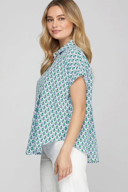 She + Sky Full Size Printed Johnny Collar Short Sleeve Blouse Plus Size - DAVERRI FASHIONS