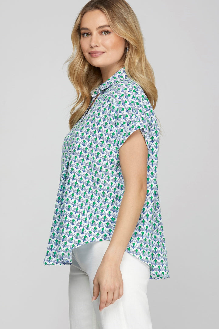 She + Sky Full Size Printed Johnny Collar Short Sleeve Blouse Plus Size Blouses