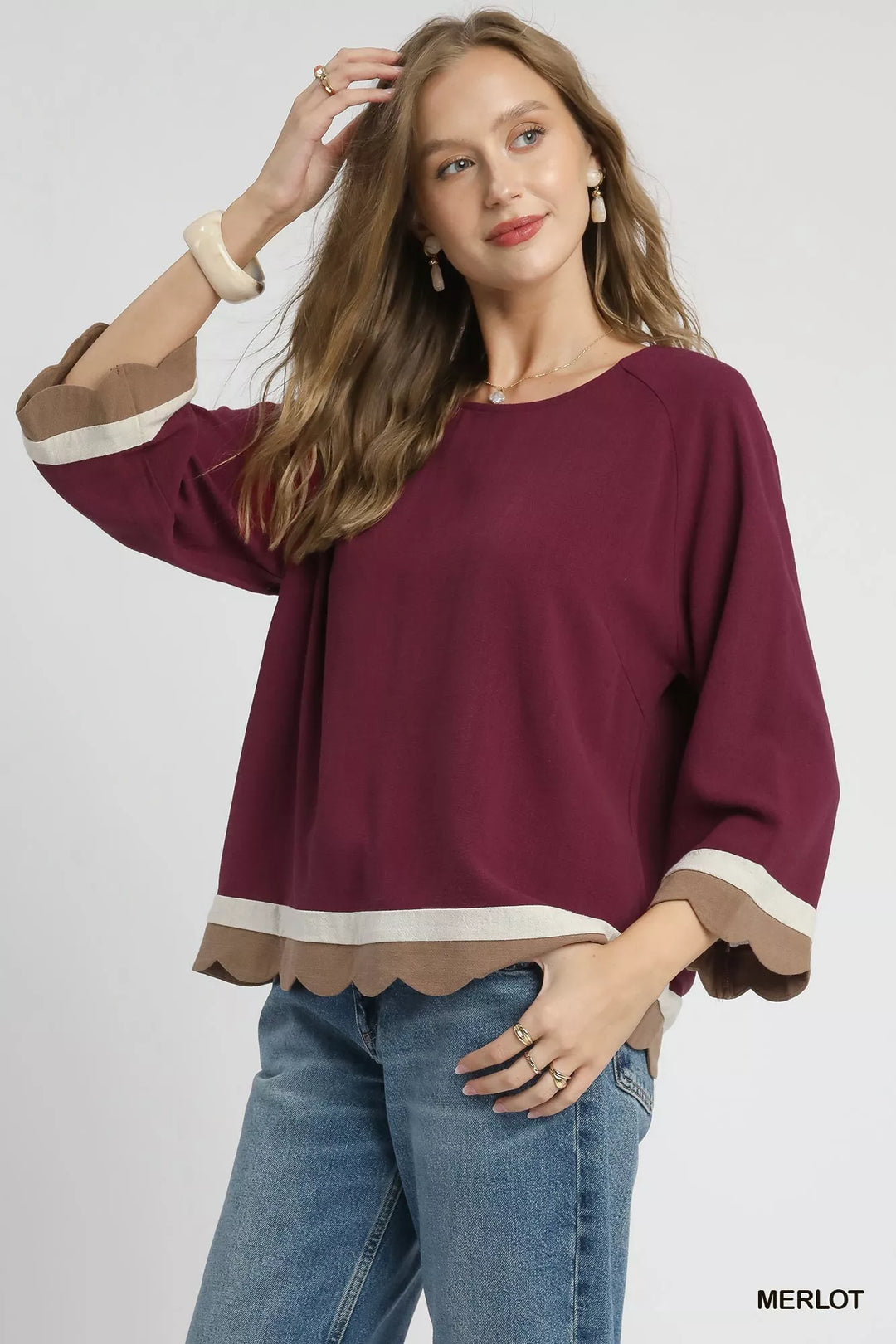 Umgee Scalloped Hem Color Block Top | Blouses Daverri Fashions