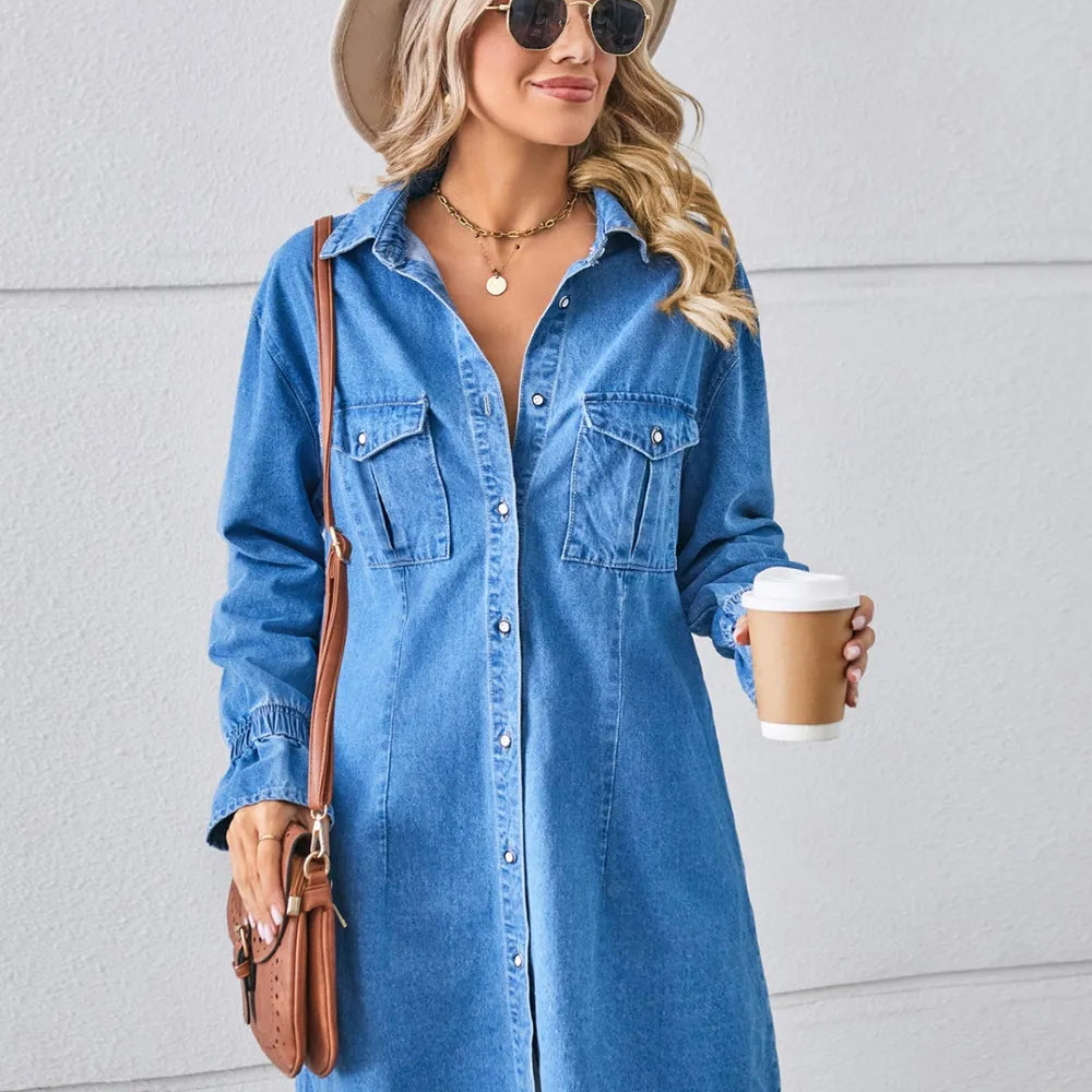 Dusty Blue Pocketed Dropped Shoulder Mini Denim Dress | Dresses Daverri Fashions
