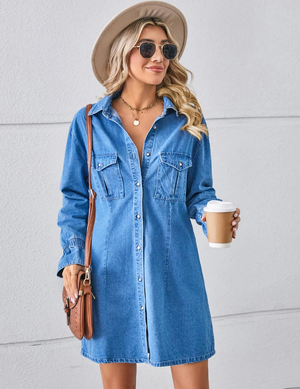 Dusty Blue Pocketed Dropped Shoulder Mini Denim Dress | Dresses Daverri Fashions