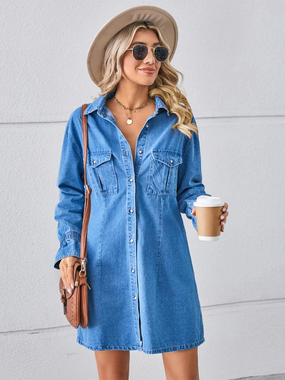 Dusty Blue Pocketed Dropped Shoulder Mini Denim Dress | Dresses Daverri Fashions