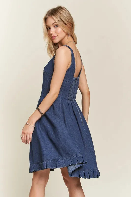 ADORA Smocked Back Square Neck Denim Dress in navy blue