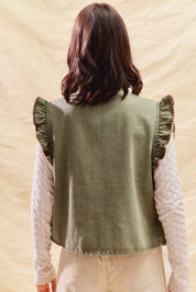 SO ME Washed Denim Stitch Ruffled Hidden Button Vest Top | Daverri Fashions