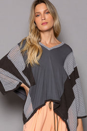 POL High-Low Contrast V-Neck Top Charcoal M