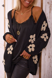 Black 55%Acrylic+45%Cotton Orange Floral Print Knitted Open Front Loose Cardigan | Cardigans Daverri Fashions