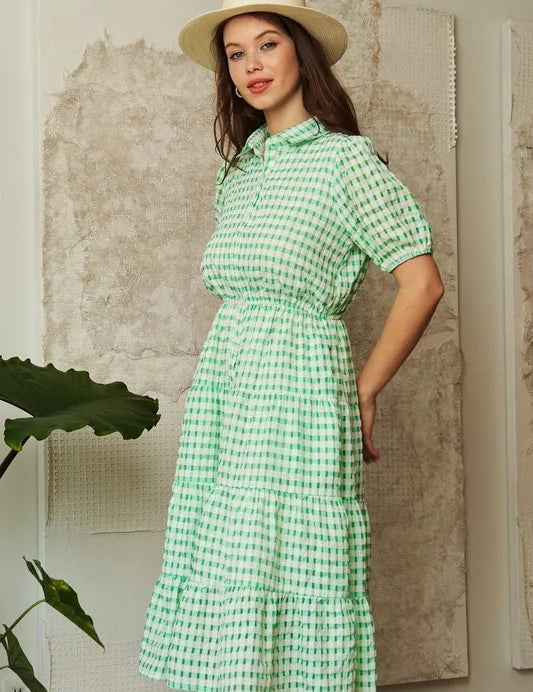 Davi & Dani Checkered Puff Sleeve Tiered Shirt Dress | Knee Length Dresses Daverri Fashions