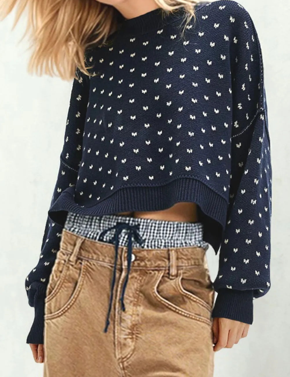 Dark Blue Slit Round Neck Long Sleeve Sweater | Sweaters Daverri Fashions