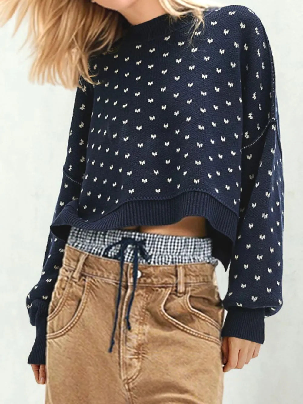 Dark Blue Slit Round Neck Long Sleeve Sweater | Sweaters Daverri Fashions