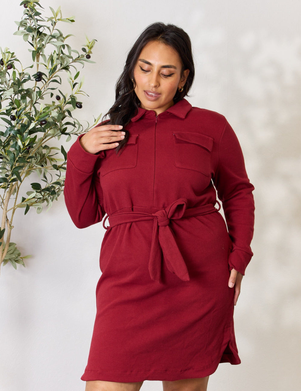 Culture Code Full Size Tie Front Half Zip Long Sleeve Shirt Dress BURGUNDY