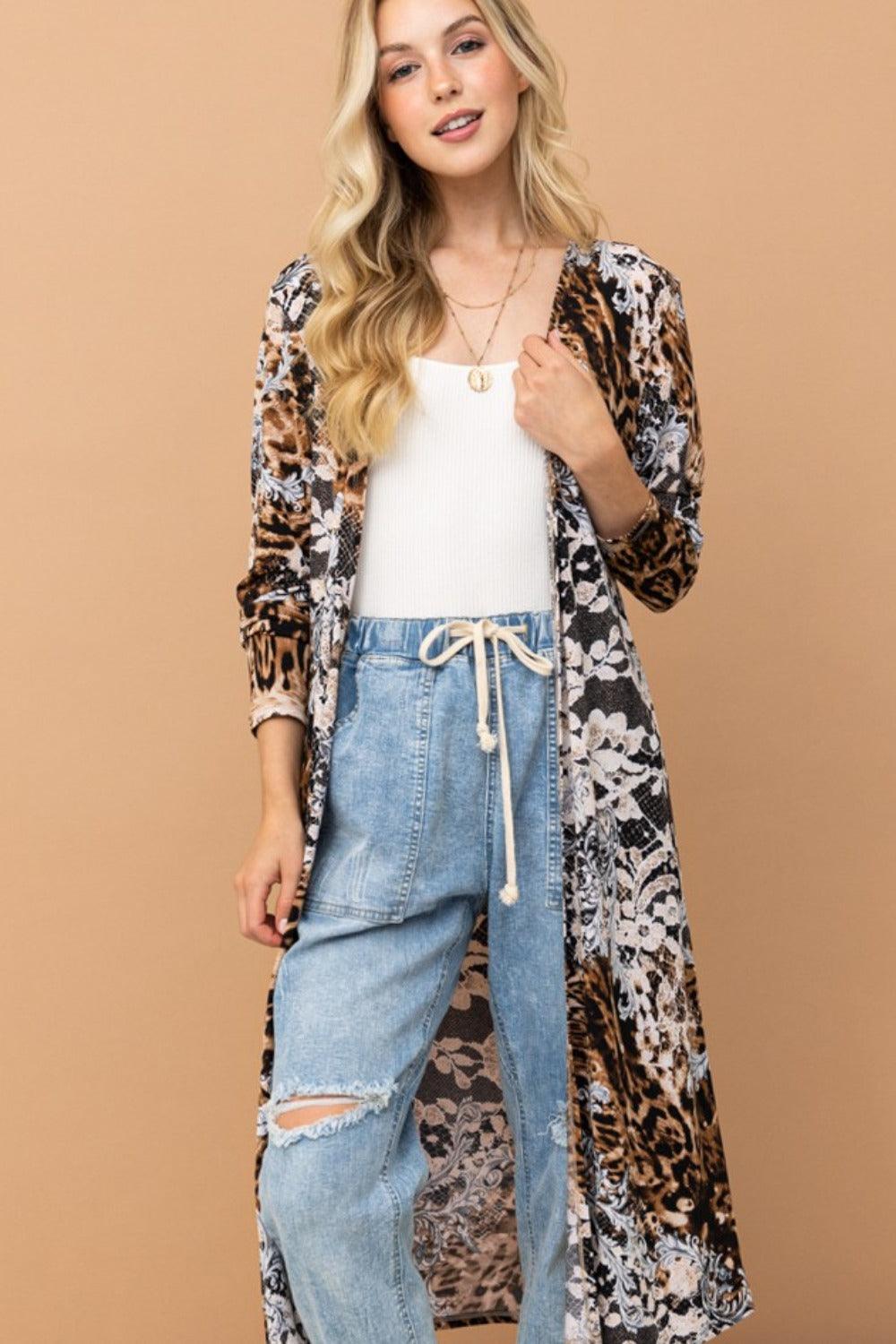And The Why Leopard Kimono Open Front Longline Cardigan Cardigans