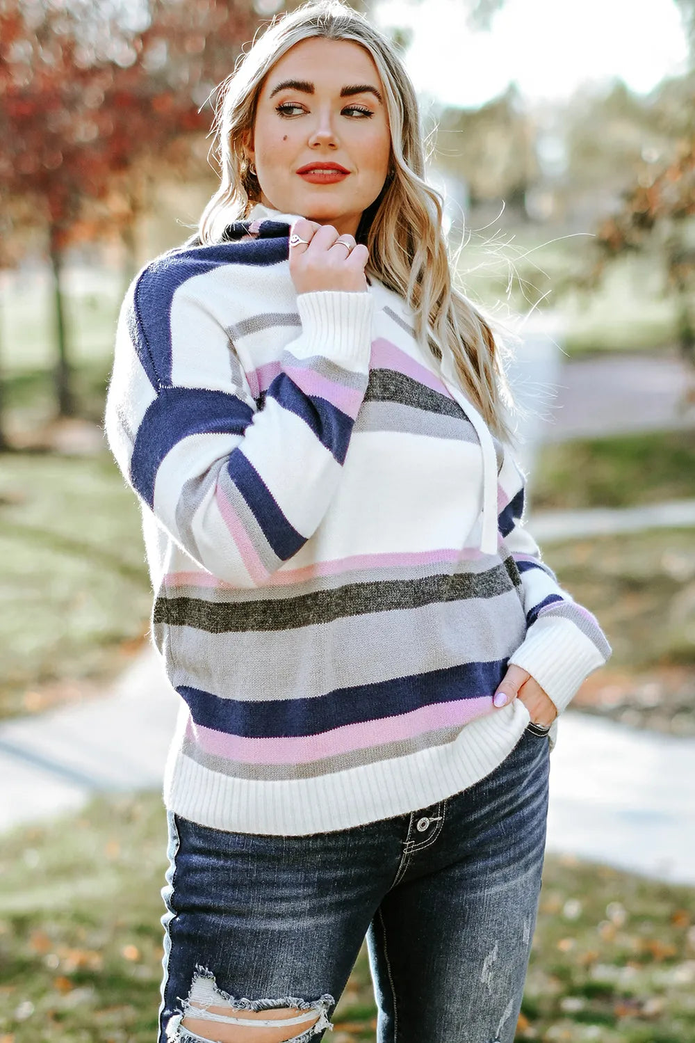 Plus Size Striped Long Sleeve Hooded Sweater | Daverri Fashions