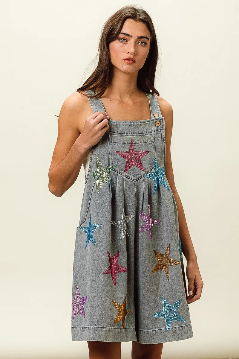 BiBi Star Rhinestone Washed Wide Leg Shortalls Shortalls