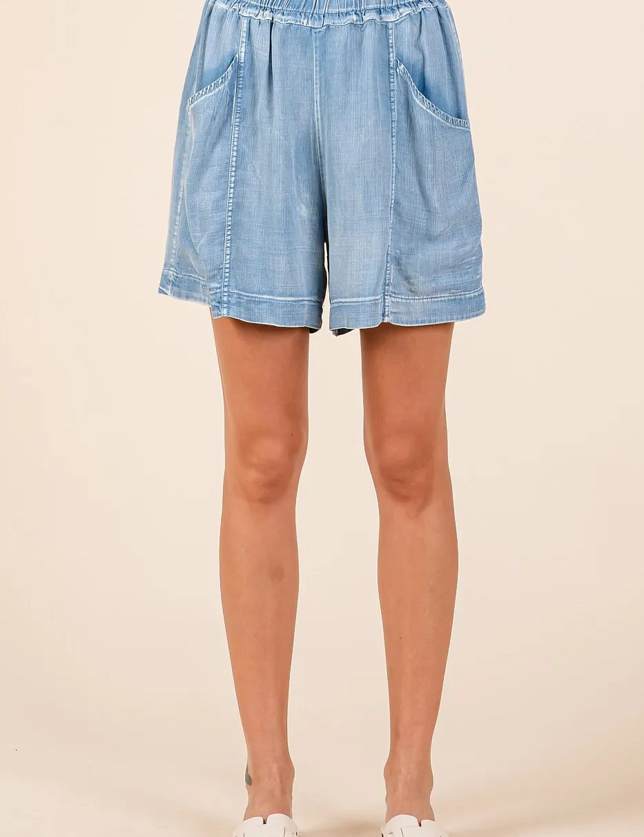 LT DENIM Mittoshop Washed Chambray Elastic Waist Easy Fit Shorts | Shorts Daverri Fashions