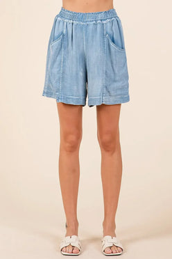 Mittoshop Washed Chambray Elastic Waist Easy Fit Shorts - DAVERRI FASHIONS