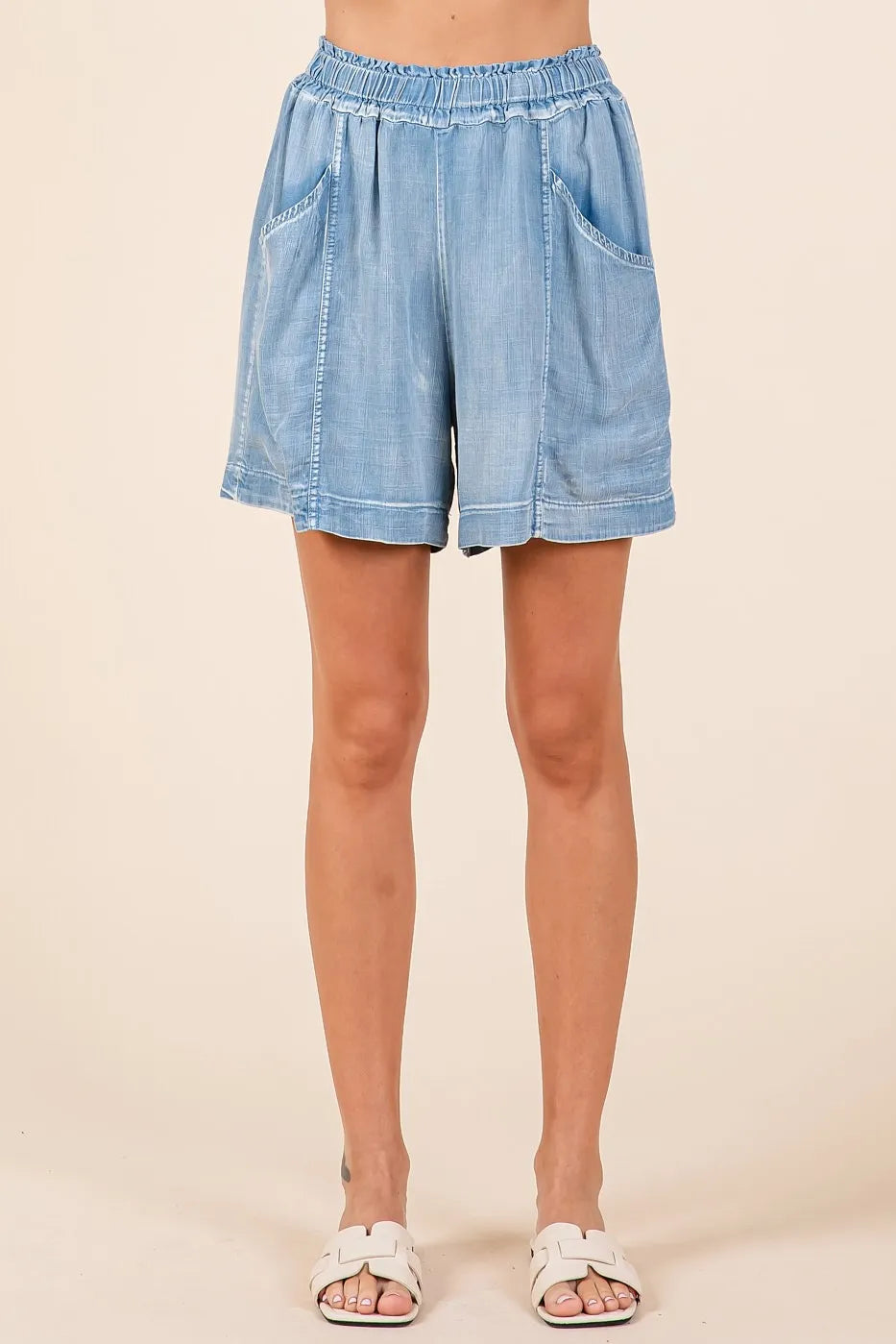 Mittoshop Washed Chambray Elastic Waist Easy Fit Shorts LT DENIM Shorts