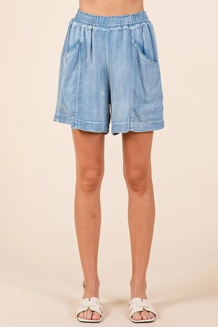 Mittoshop Washed Chambray Elastic Waist Easy Fit Shorts LT DENIM Shorts