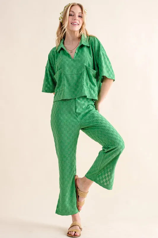 Green floral woven pajama set with brushed texture button-down top