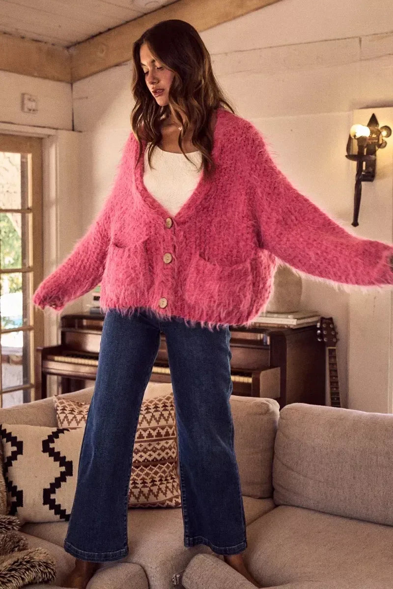 SO ME Soft Touch Hairy Loose Fit Cozy Sweater Cardigan - DAVERRI FASHIONS