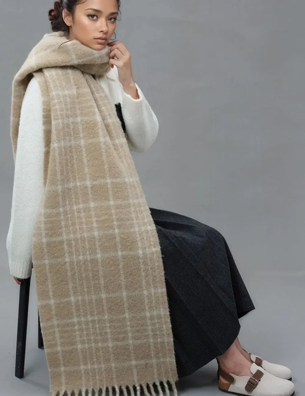 Fringe Plaid Thermal Scarf - DAVERRI FASHIONS