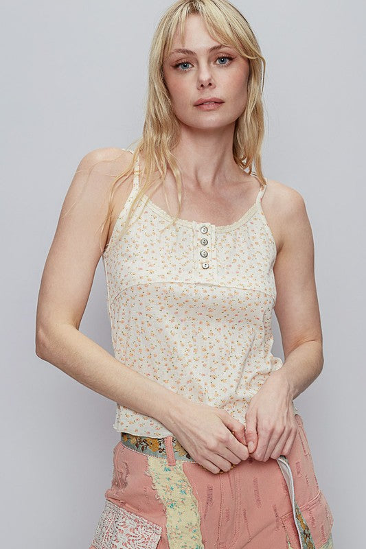 POL Floral Scoop Neck Adjustable Strap Cami Cream Cami Tops